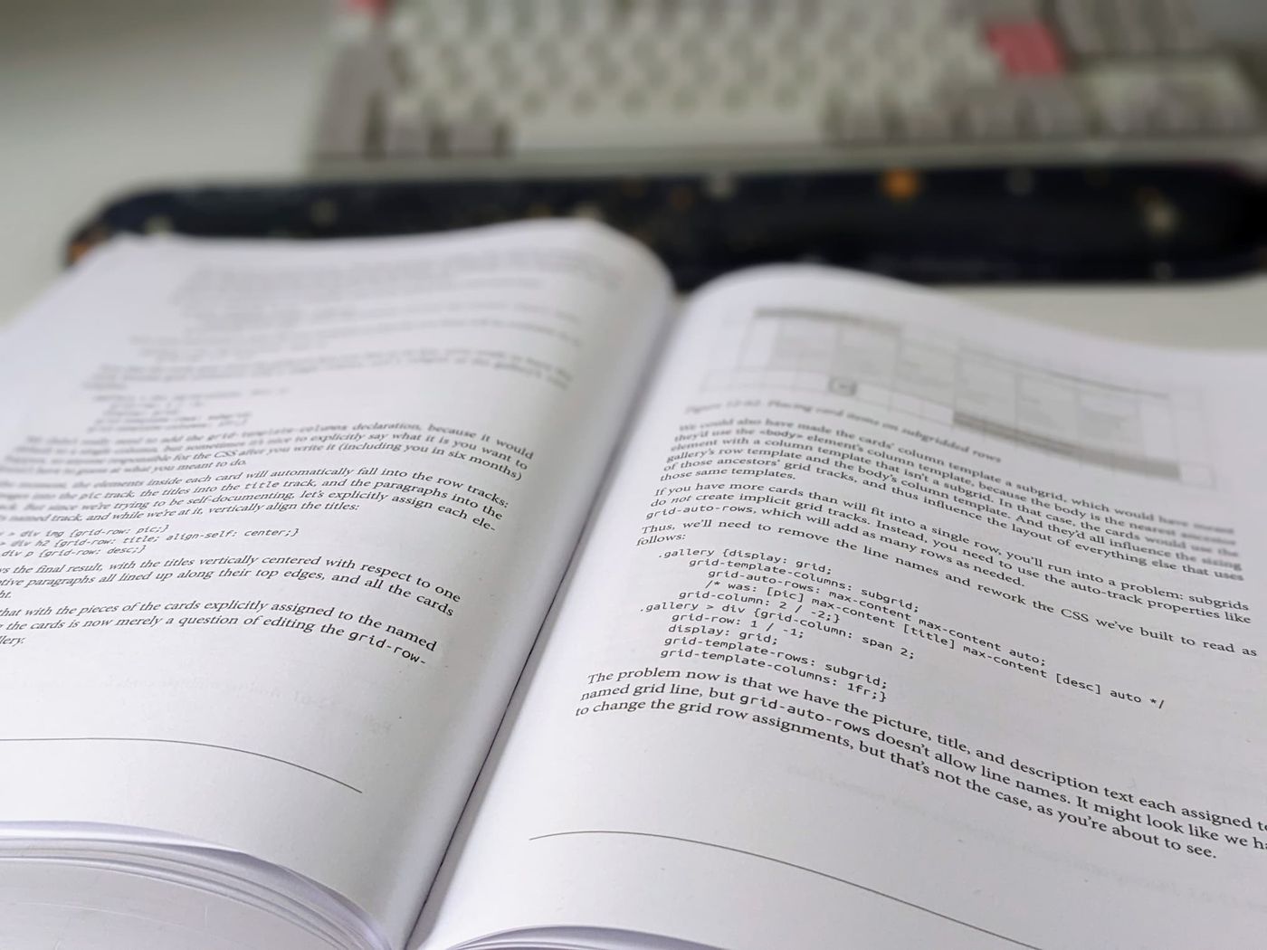 El libro CSS - The Definitive Guide yace abierto en mi escritorio en un capítulo sobre subgrid, con mi teclado detrás. 
