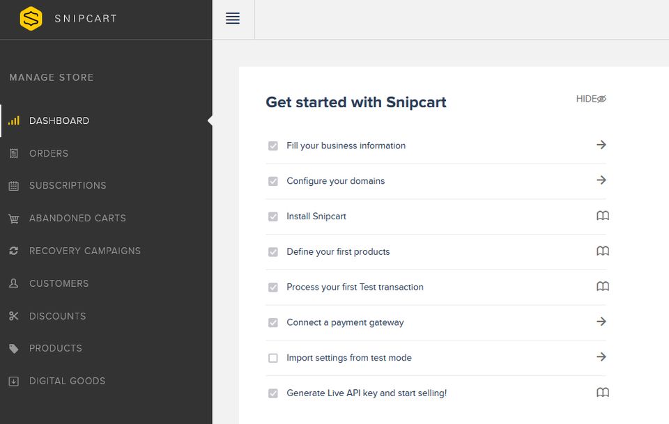 Pantallazo del panel de administración de Snipcart