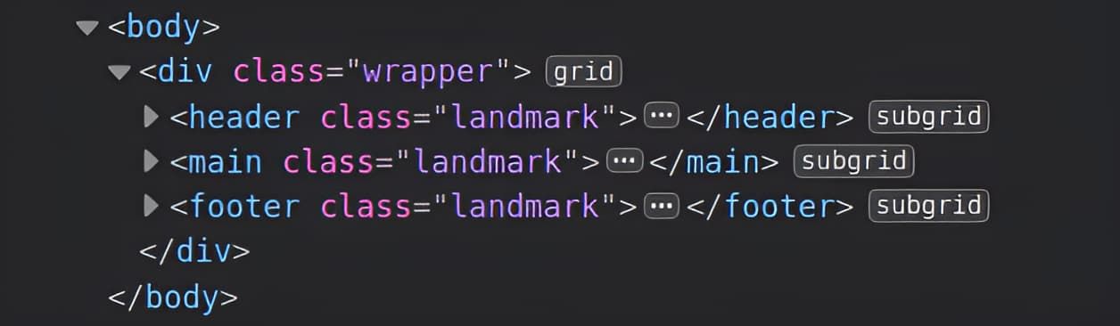Fragmento del DOM de las herramientas de desarrollo de Firefox. Muestra el elemento body del documento y su elemento hijo, un div con clase wrapper. Los tres 'landmarks' header, main y footer están subordinados a éste. El wrapper está etiquetado como grid, los tres 'landmarks' como subgrid.