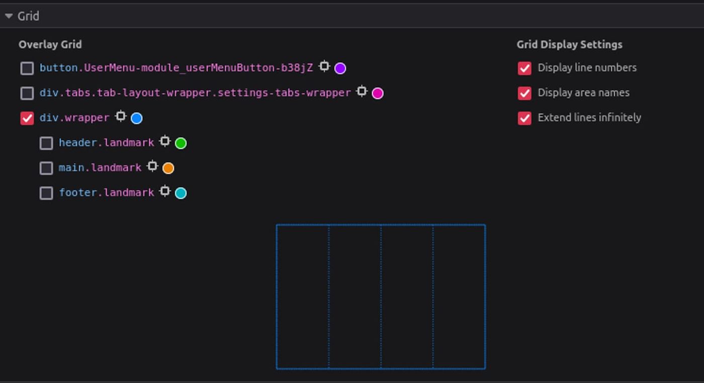 Captura de pantalla que muestra las casillas de verificación del grid superpuesta y los ajustes de visualización del grid para hacer visibles las líneas de un subgrid o del grid principal. El grid envolvente está seleccionado.